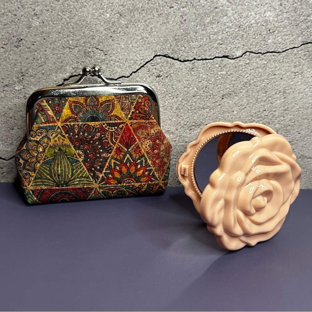 Vintage Inspired Coin Purse and Rose Design Compact Mirror